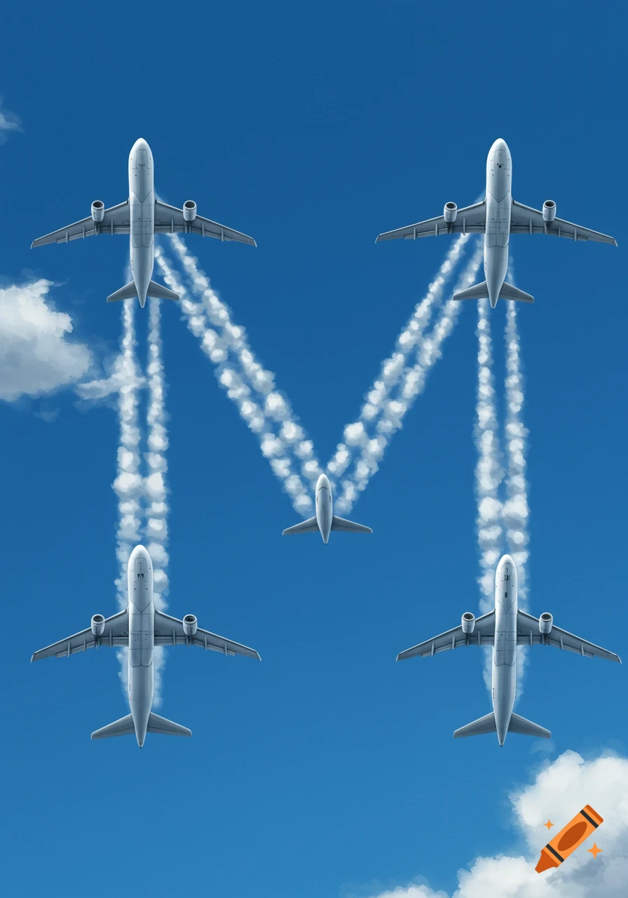 Five white airplanes fly in a blue sky, their white contrails forming the letter 'M'. Clouds are visible in the background.