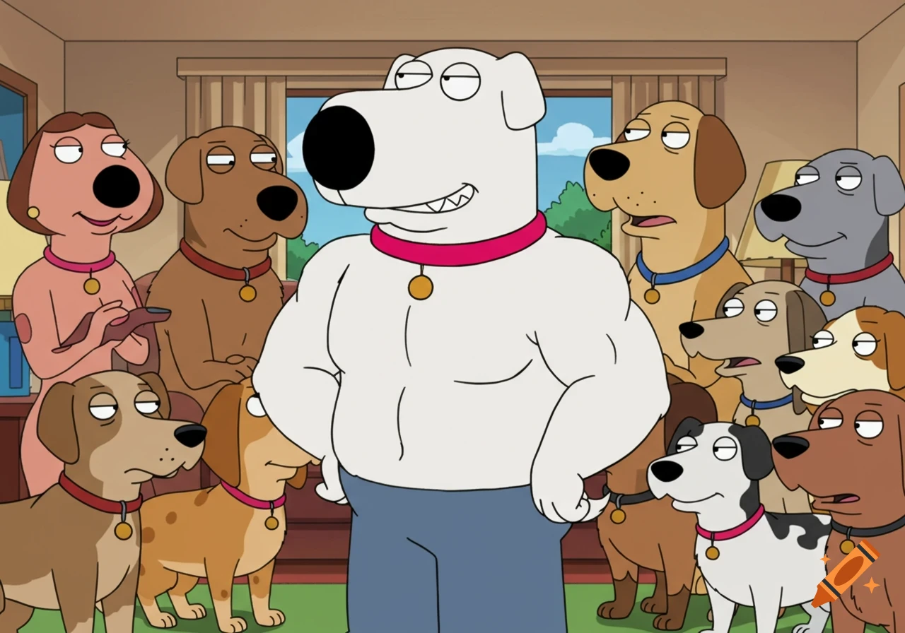 Brian from Family Guy, a muscular white dog, stands confidently among a group of other animated dogs in a living room.