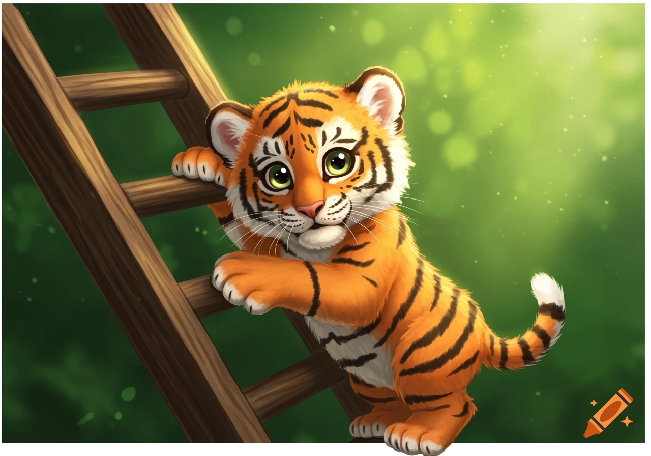 A cute cartoon baby tiger with green eyes climbs a wooden ladder against a blurry green forest background.