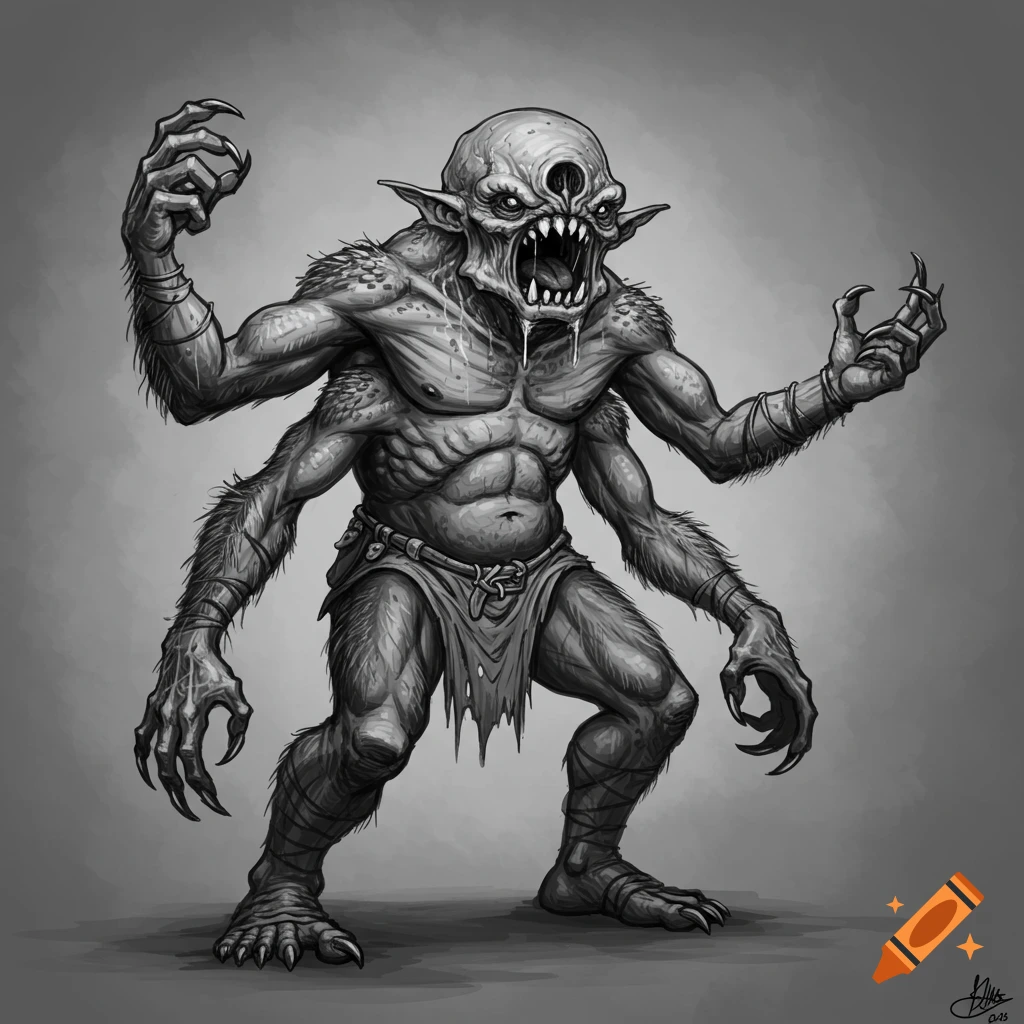 A monstrous four-armed, hairy humanoid creature with a vertical mouth and multiple eyes, rendered in a black and white sketch style.