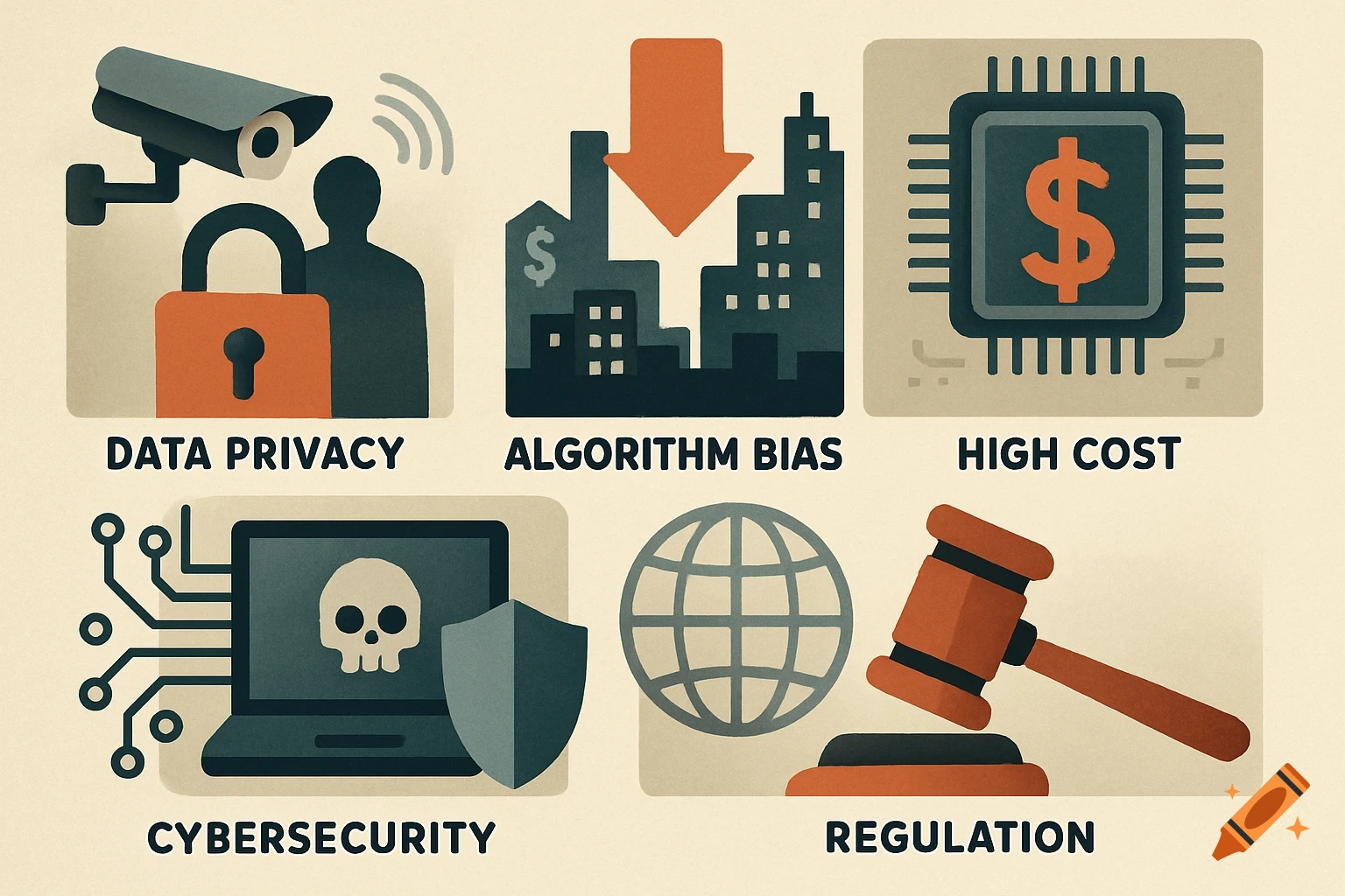 Five panels illustrating technology challenges: Data Privacy, Algorithm Bias, High Cost, Cybersecurity, and Regulation, in a flat, textured style.