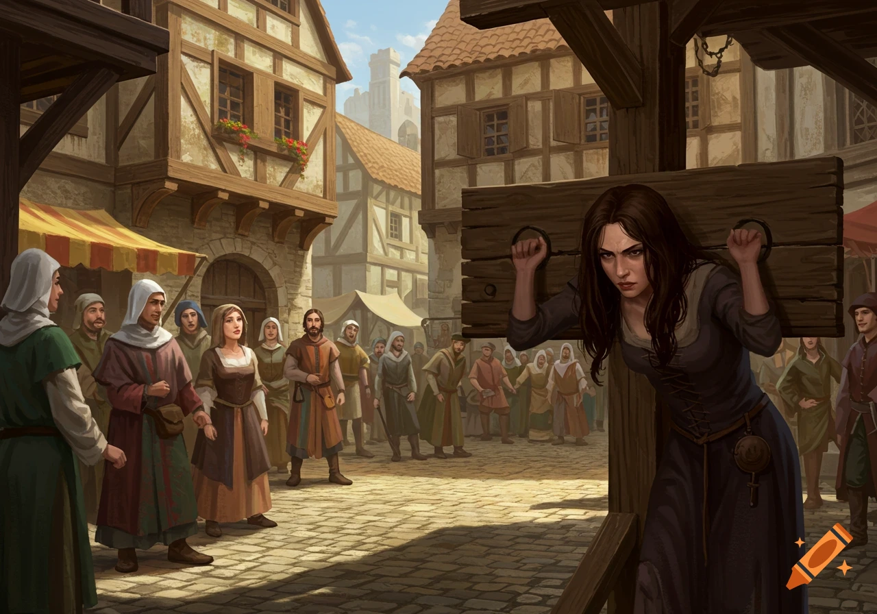 A medieval woman with a stern expression is confined in wooden stocks in a bustling town square, surrounded by onlookers.