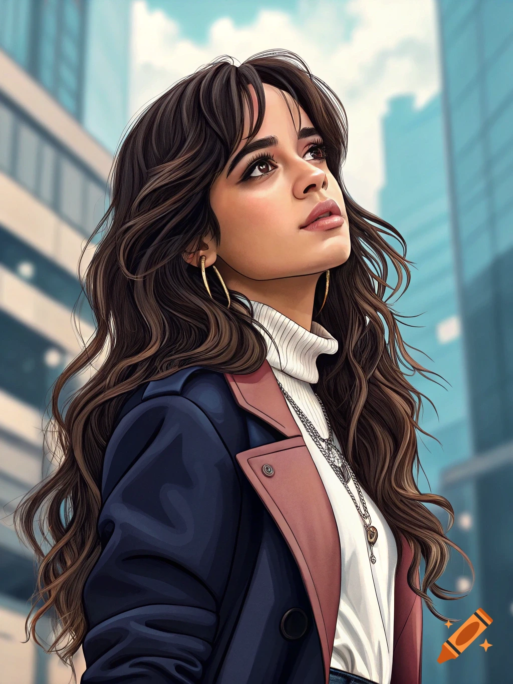 Stylized portrait of Camila Cabello looking up in an urban setting.