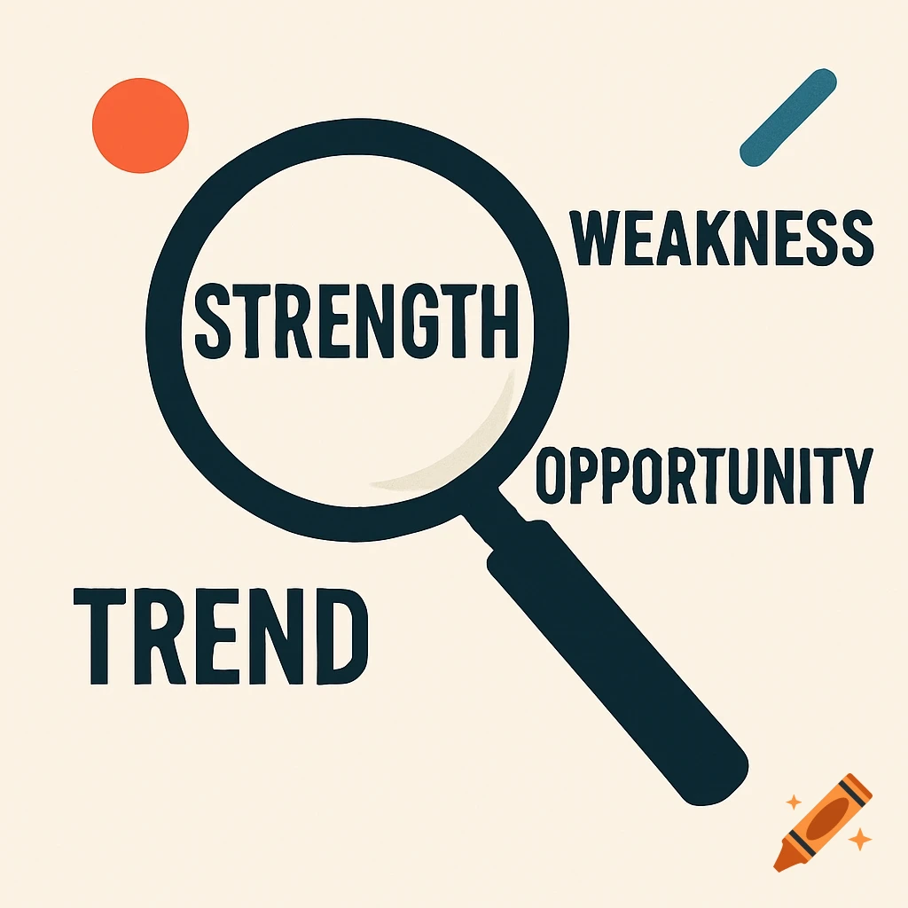 A magnifying glass on 'STRENGTH' with 'WEAKNESS', 'OPPORTUNITY', and 'TREND' in a flat illustration.