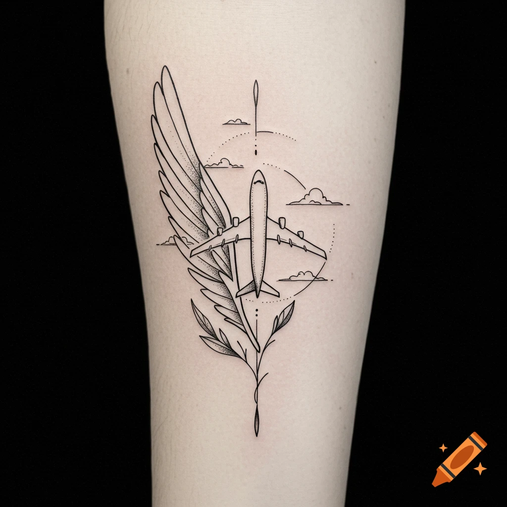 Minimalist black and white line art tattoo of an airplane, a large wing, and botanical elements on skin.
