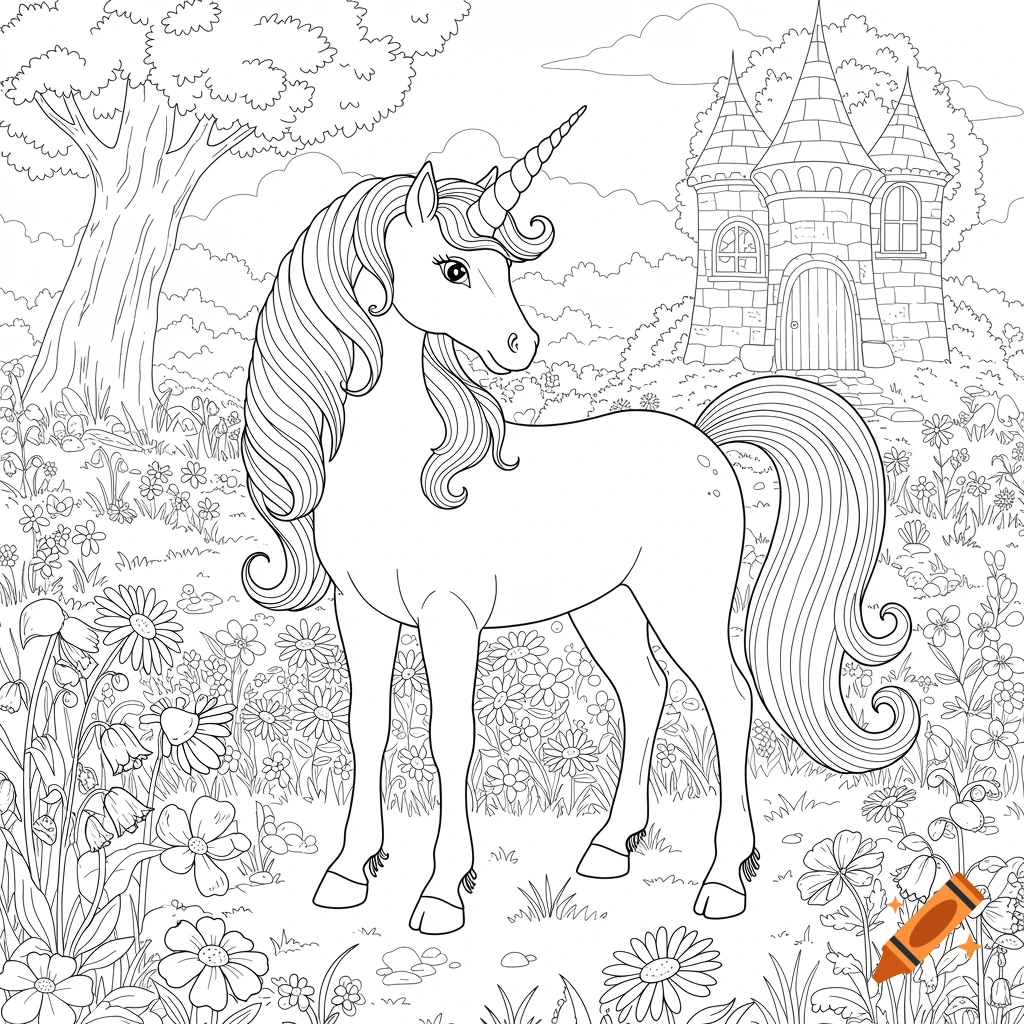 Line art coloring page of a unicorn in a whimsical landscape with a castle and flowers.
