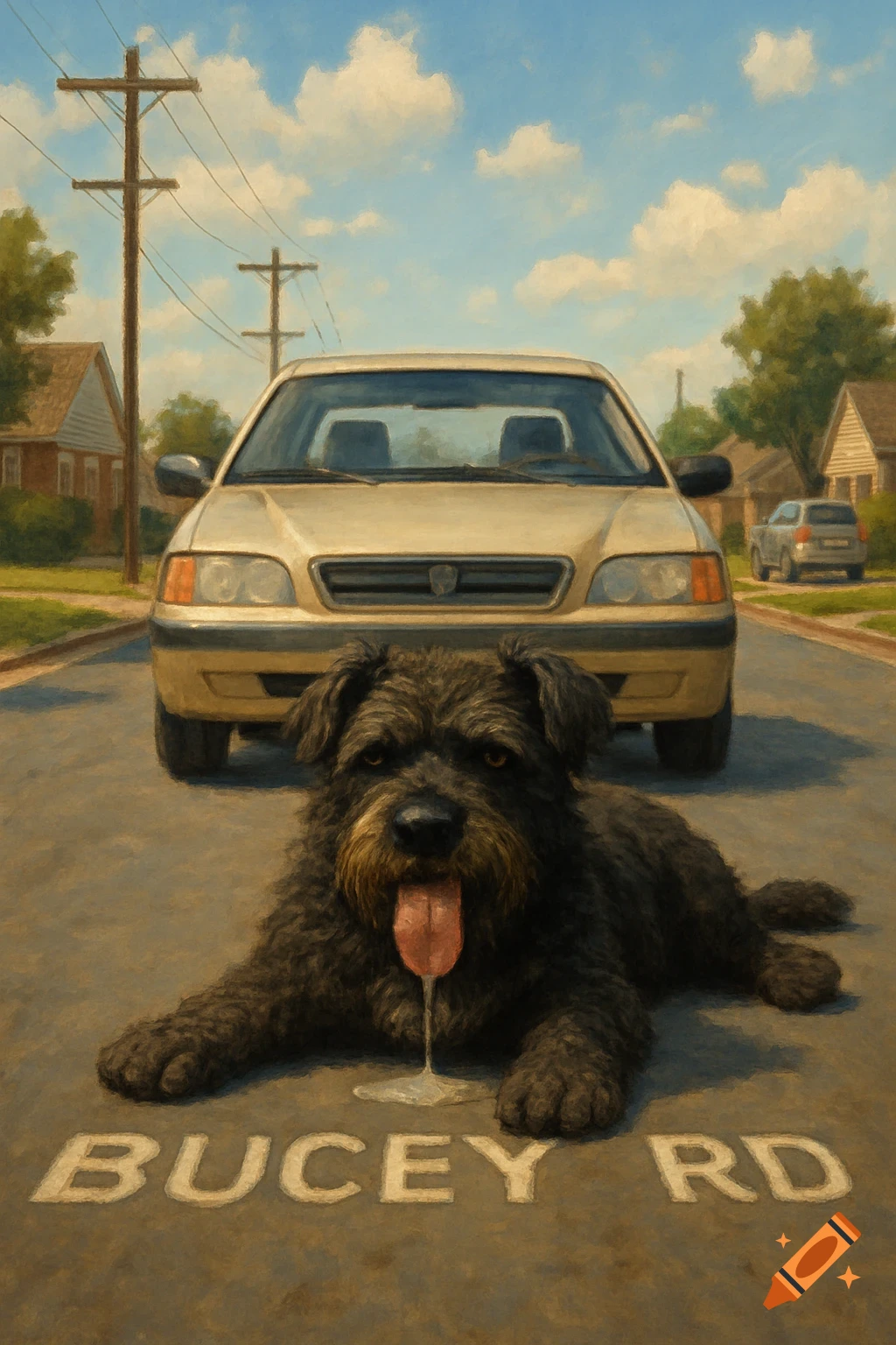 A black shaggy dog lies on a suburban street with its tongue out, drooling on the asphalt that reads 'BUCEY RD', blocking a beige car in a painterly style.