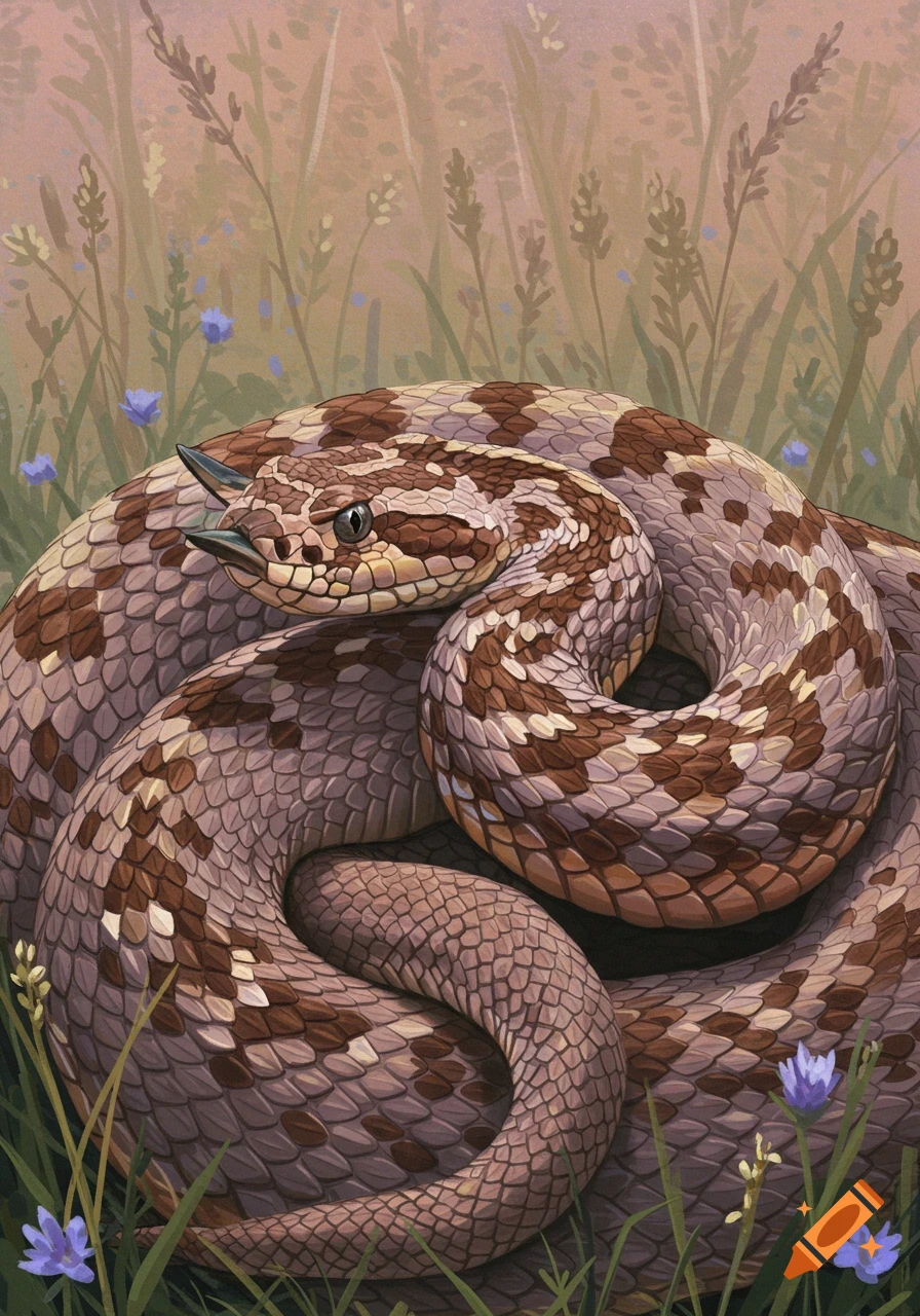 A hognose snake with brown and cream scales coiled in green grass with blue flowers in a painted illustration style.
