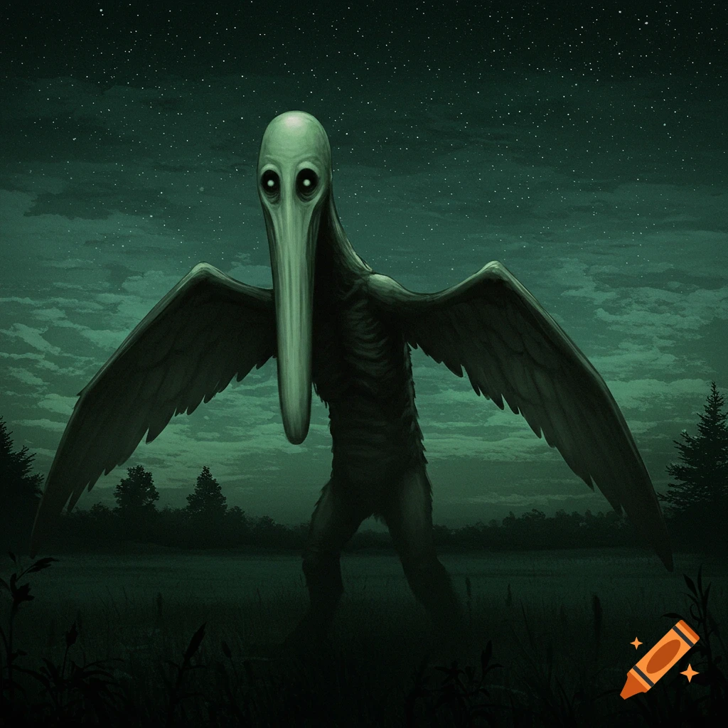 The Flatwoods Monster, a tall, winged creature with a long head and glowing eyes, stands in a dark field under a starry night sky.
