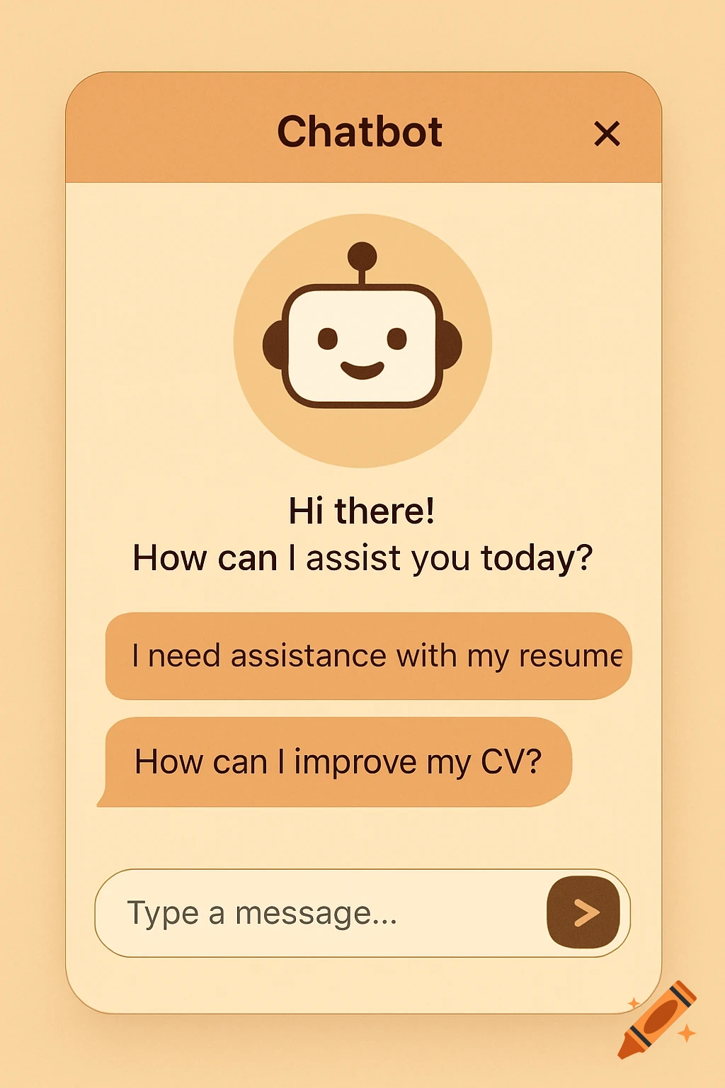 A minimalist, warm-toned illustration of a chatbot interface with a smiling robot icon, showing prompts for resume and CV assistance.