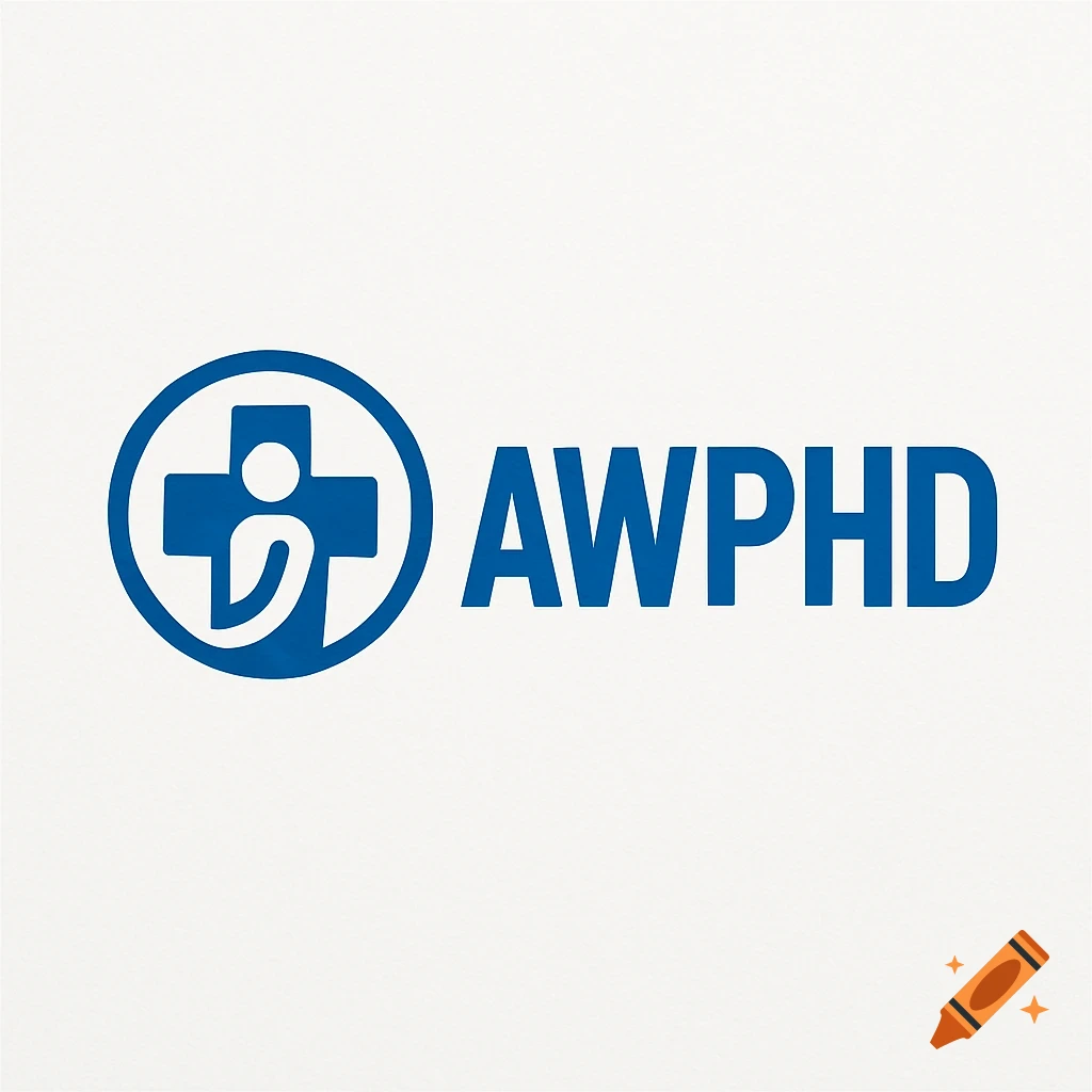 Blue logo with a cross, stylized person, and the text AWPHD on a white background.