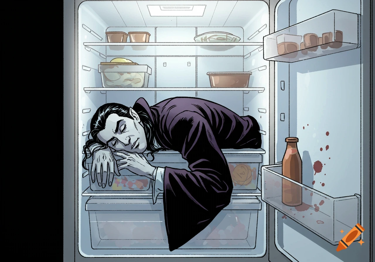 A cartoon-style depiction of a pale man with long dark hair and a purple cloak, sleeping inside a brightly lit refrigerator, with blood splatters on the fridge wall.