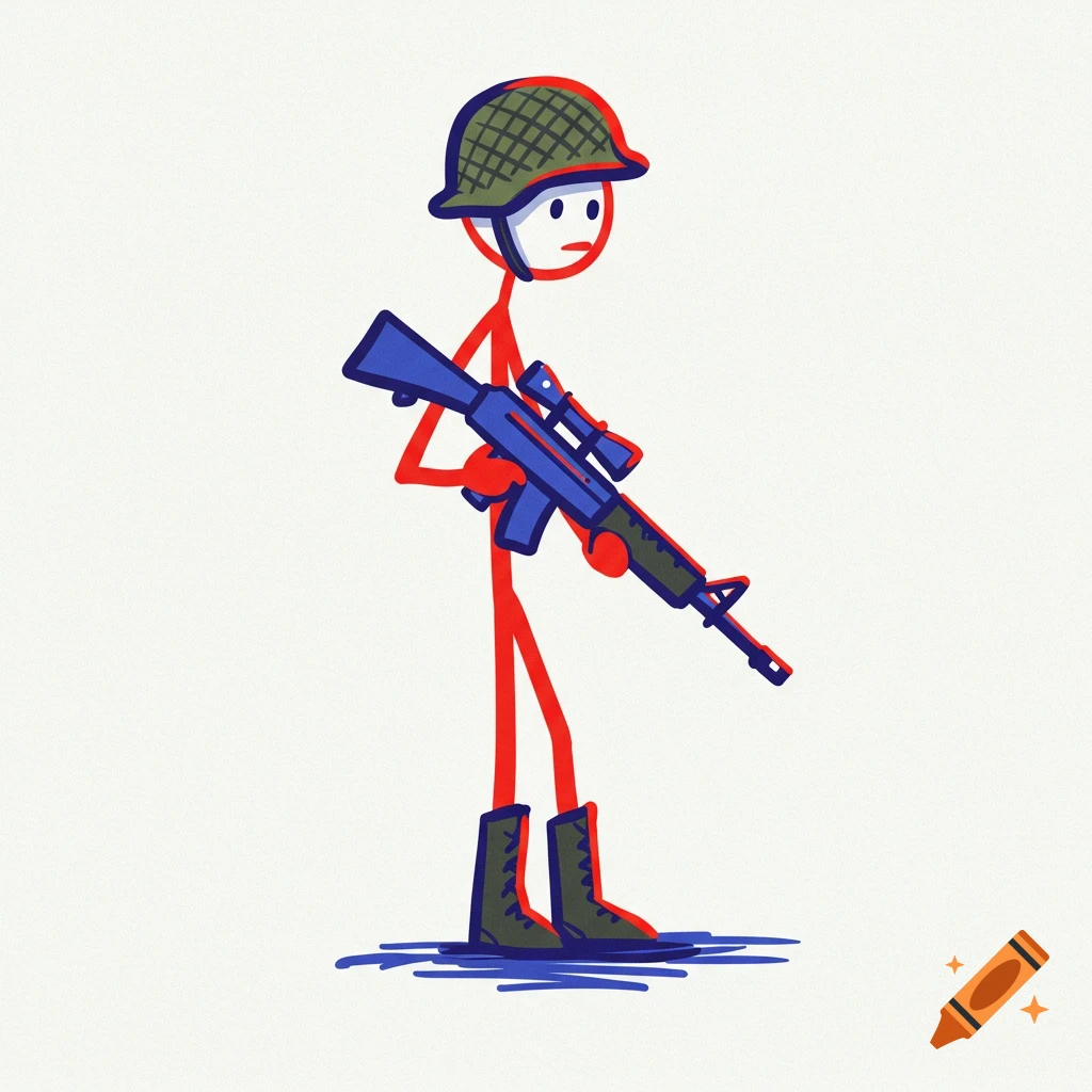 A red stick figure soldier wearing a green helmet and boots holds a blue rifle with a scope, depicted in a stylized sketch.
