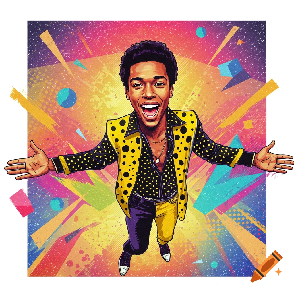 Cartoon illustration of a joyful Black man in a yellow polka-dot jacket with outstretched arms against a vibrant, colorful, abstract background.
