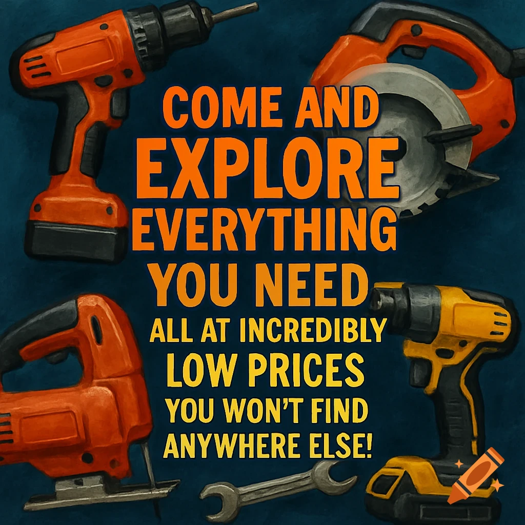 An orange and yellow power drill, circular saw, jigsaw, and wrench surround large orange text on a dark blue background advertising low prices for tools.