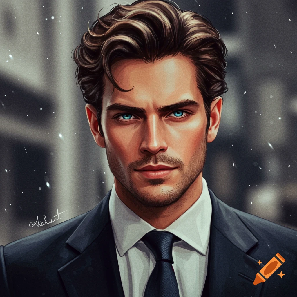 Stylized digital illustration of a handsome man with dark wavy hair, intense blue eyes, and stubble, wearing a dark suit and tie.