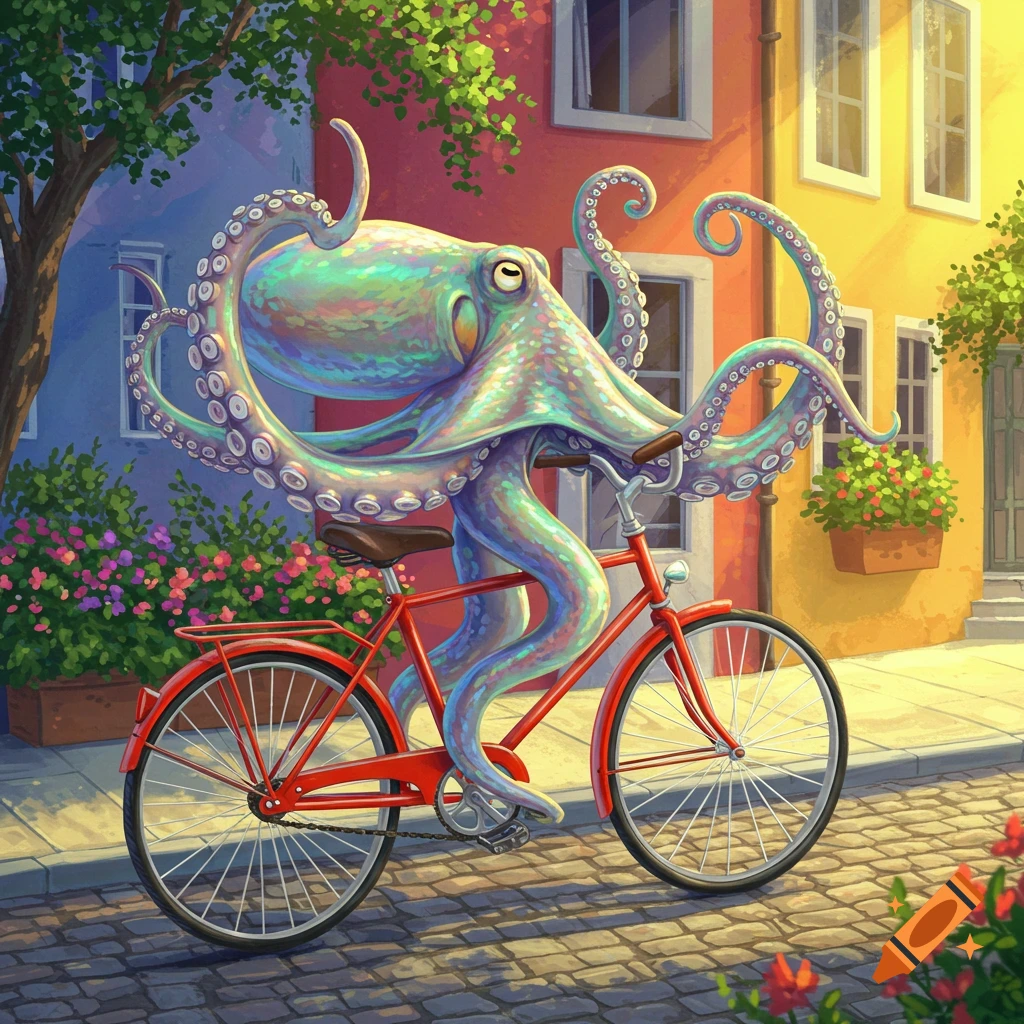 A colorful, stylized octopus rides a red bicycle down a cobblestone street lined with vibrant buildings and flowers under a sunny sky.