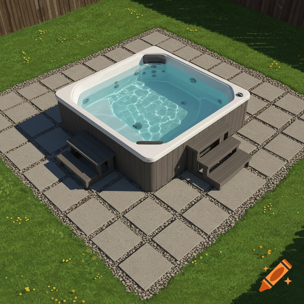High-angle view of a square hot tub on concrete pavers with gravel, surrounded by green grass and a wooden fence.