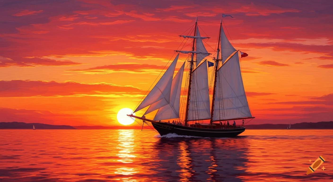 A majestic sailboat with white sails glides across fiery orange waters under a vibrant red and orange sunset.