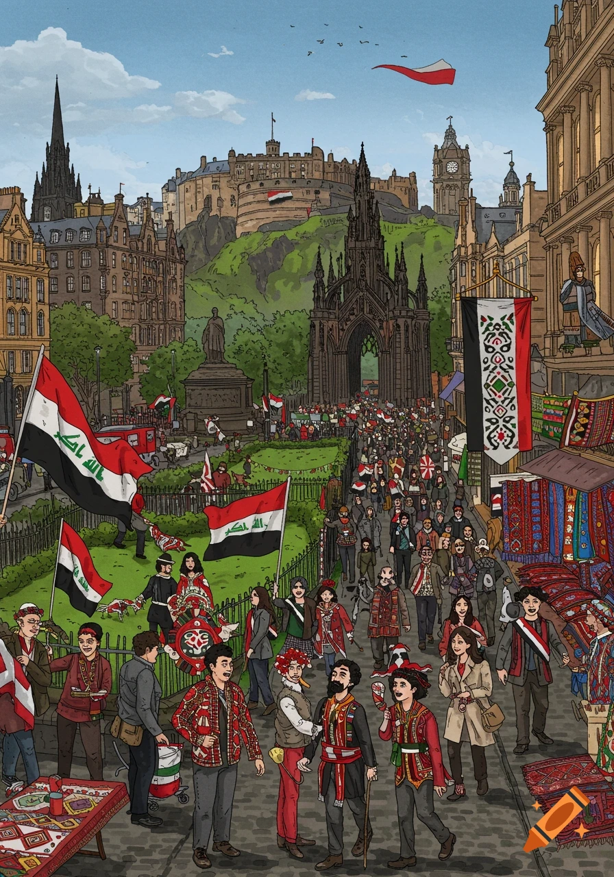 An illustrated crowd of people, many holding Iraqi flags, gathered in a busy Edinburgh square with famous landmarks.