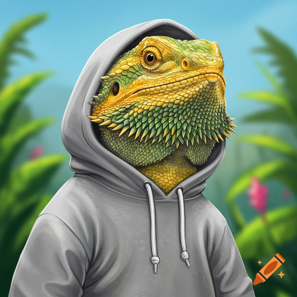A vibrant green and yellow bearded dragon in a gray hoodie, looking right against a blurry blue sky and green foliage, illustration.