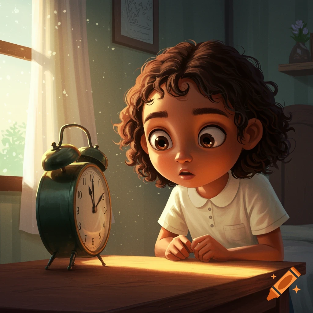 A cute, wide-eyed cartoon girl with curly hair looks curiously at an old green alarm clock on a wooden table in a sunlit room.
