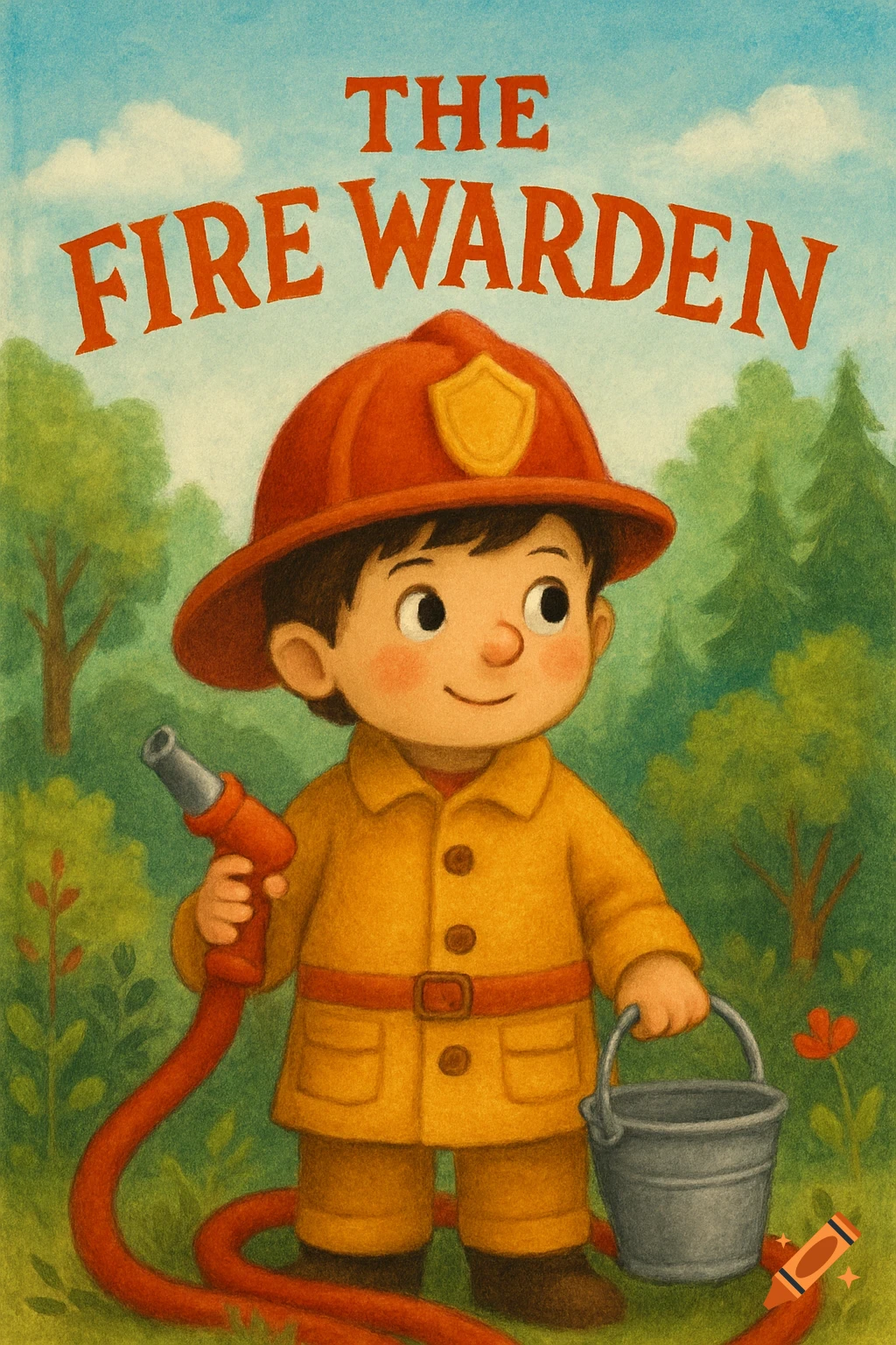 A cute cartoon boy in a firefighter uniform holds a hose and bucket, standing outdoors. Text reads 'THE FIRE WARDEN' above. Children's book illustration style.