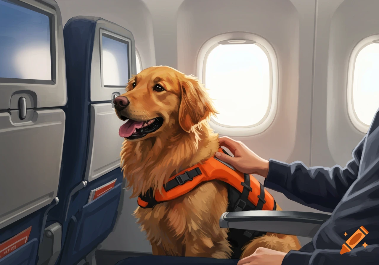An illustrated Golden Retriever wearing an orange harness sits comfortably on an airplane, being petted by a person.