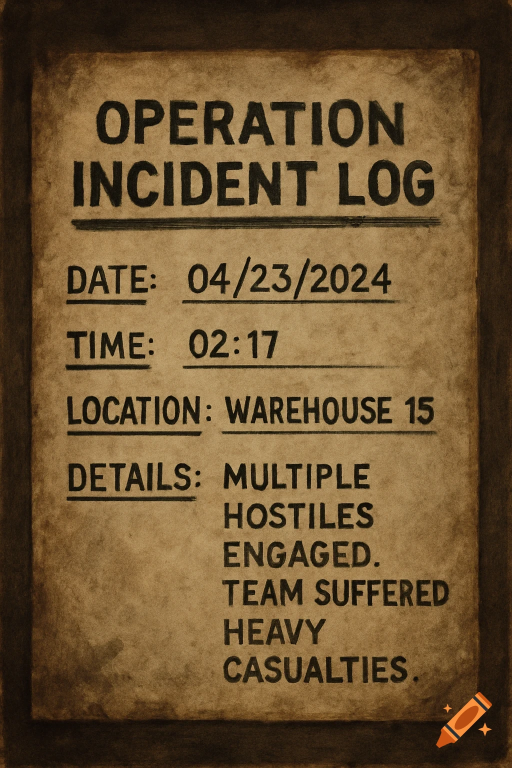 An aged, brown document titled 'OPERATION INCIDENT LOG' reporting 'MULTIPLE HOSTILES ENGAGED. TEAM SUFFERED HEAVY CASUALTIES.'