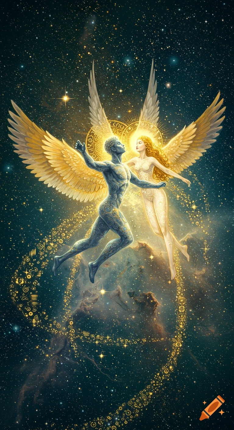 Digital painting of a winged male and female figure, adorned with golden patterns, soaring through a starry cosmic sky with glowing nebulae.