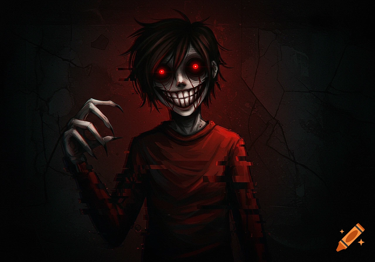 A creepy character with glowing red eyes, a wide toothy grin, and clawed hands, wearing a red glitchy shirt, against a dark, cracked background.