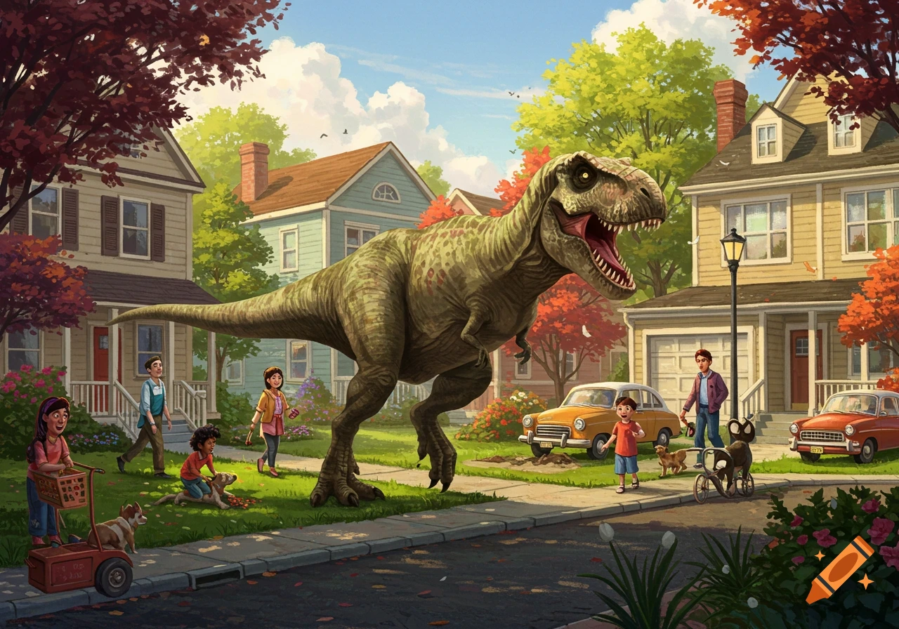 An illustration of a large T-Rex walking through a suburban neighborhood with people and houses.