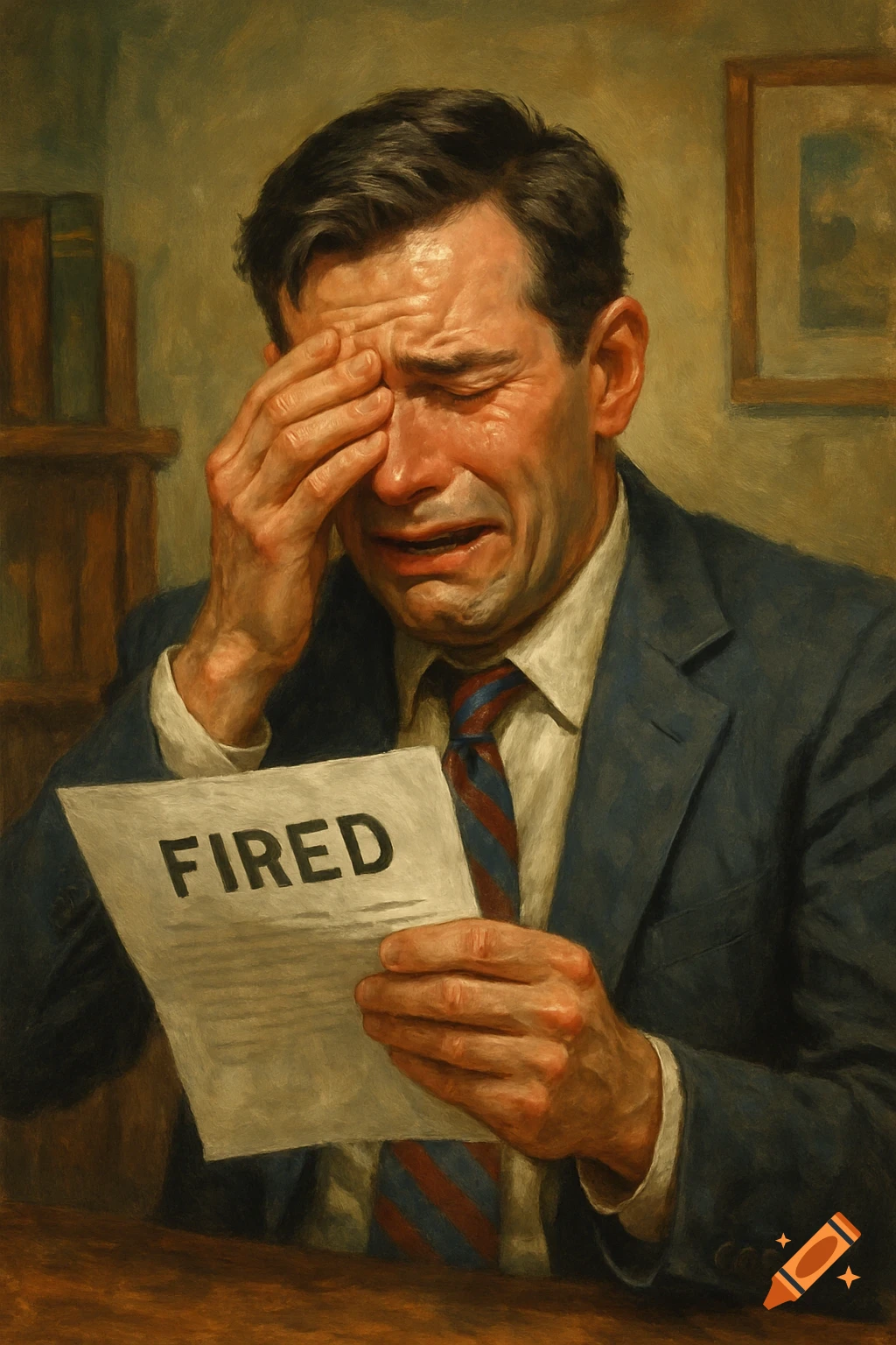A crying businessman holds a letter saying 'FIRED' in a detailed painting.