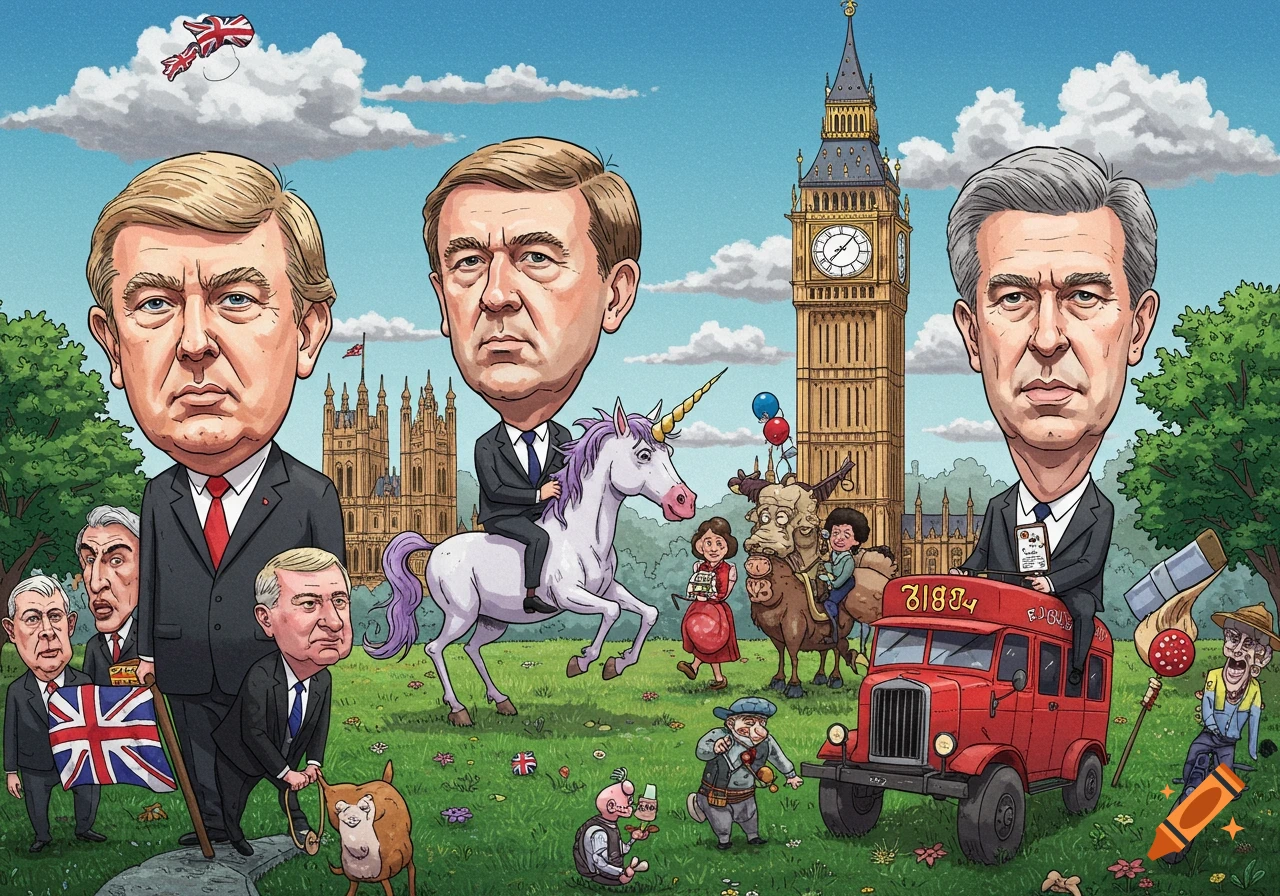 Cartoon caricature of three large-headed men, one on a unicorn, one in a truck labeled 'B1884', in a grassy park with Big Ben and Houses of Parliament in background.
