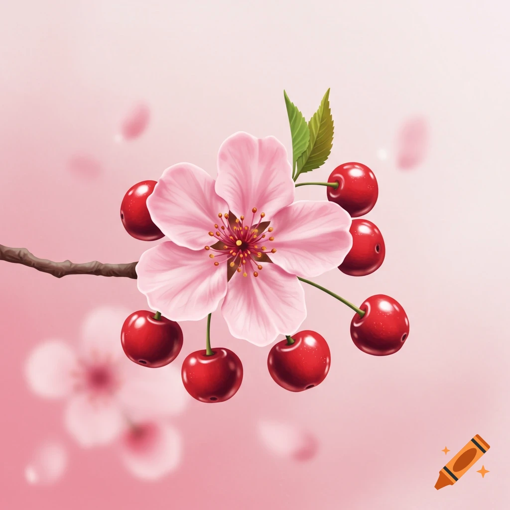 Illustrative pink cherry blossom with red cherries on a branch against a soft pink background.