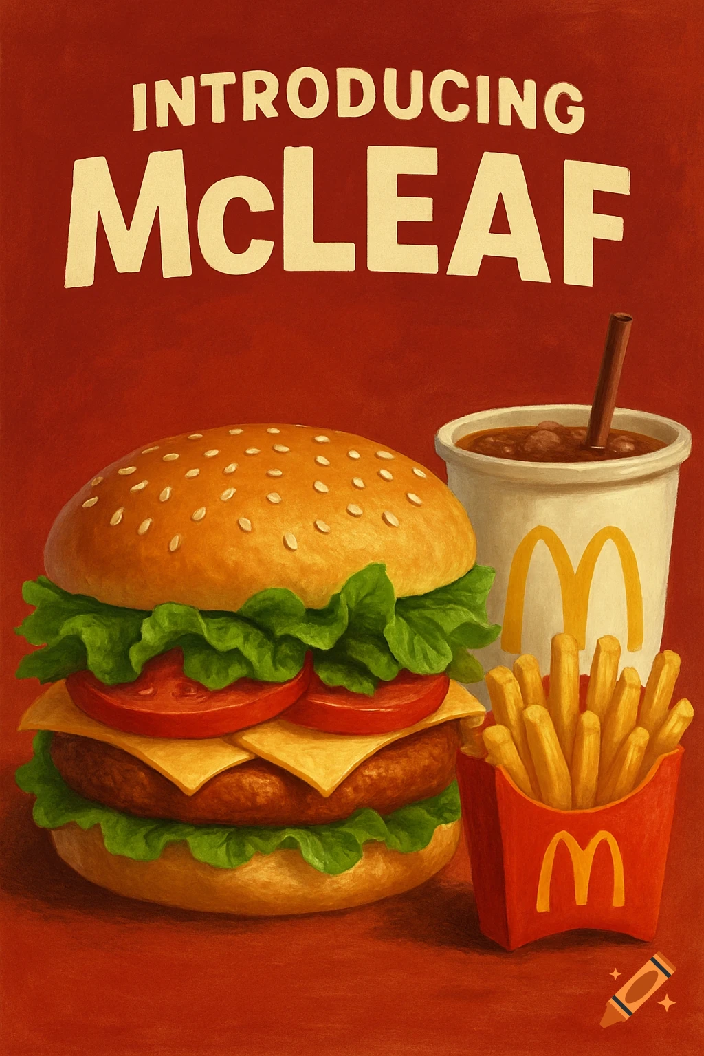 A painterly illustration of a McDonald's 'McLeaf' burger meal with fries and a drink, on a red background. Text reads 'INTRODUCING MCLEAF'.