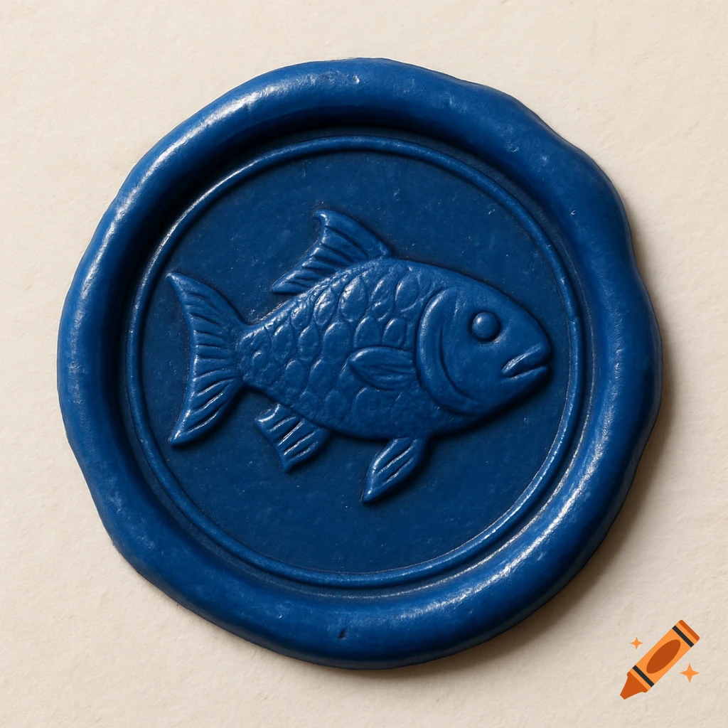 A blue wax seal with a fish embossed in its center.