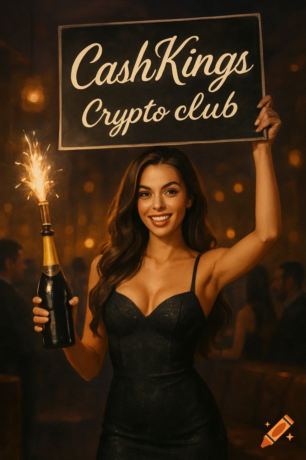 A woman in a black dress holds a sparking champagne bottle and a sign reading "CashKings Crypto club" at a party.