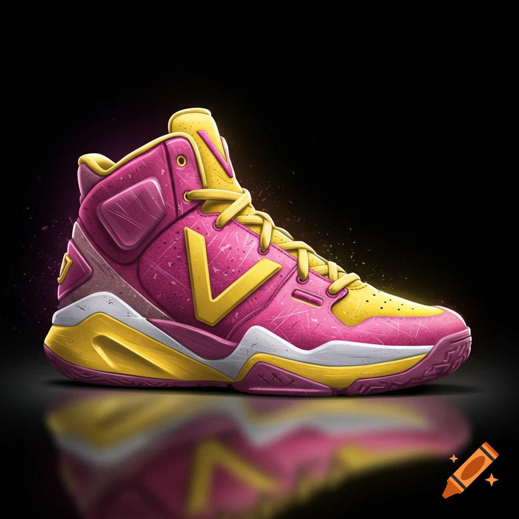 A vibrant pink and yellow basketball shoe with a yellow 'V' logo and scratch marks, reflected on a dark surface.