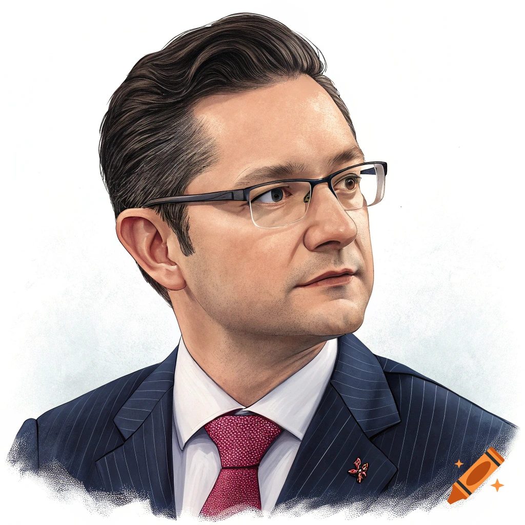 Illustration of a man resembling Pierre Poilievre, wearing glasses, a dark suit with pinstripes, and a red patterned tie, looking to the right.