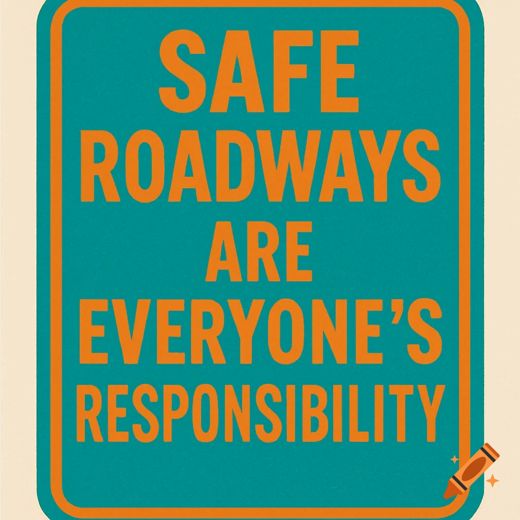 A turquoise and orange road sign reads: Safe Roadways are Everyone's Responsibility.