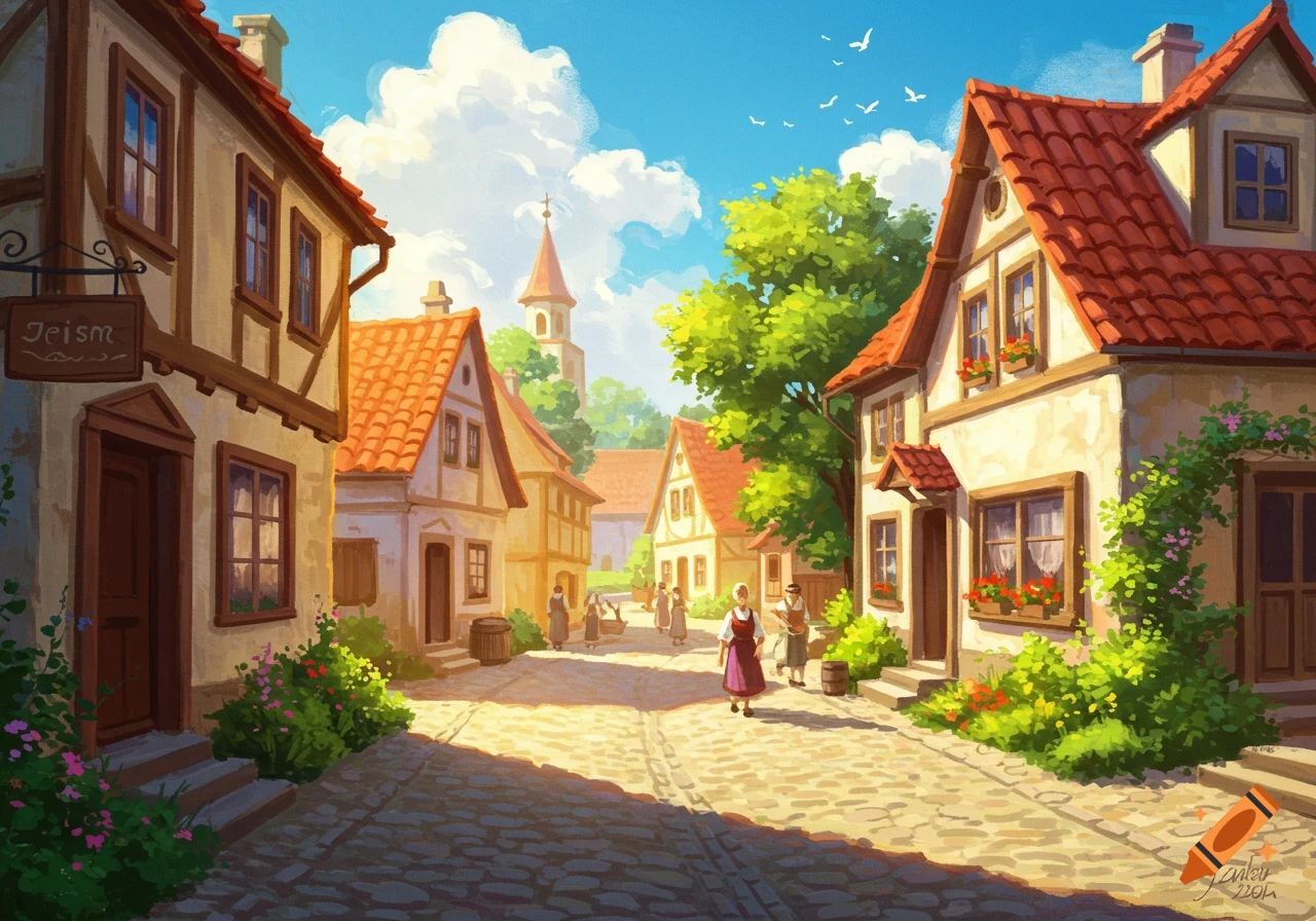 Vibrant illustration of a sun-drenched European village street with half-timbered houses, cobblestones, and villagers.