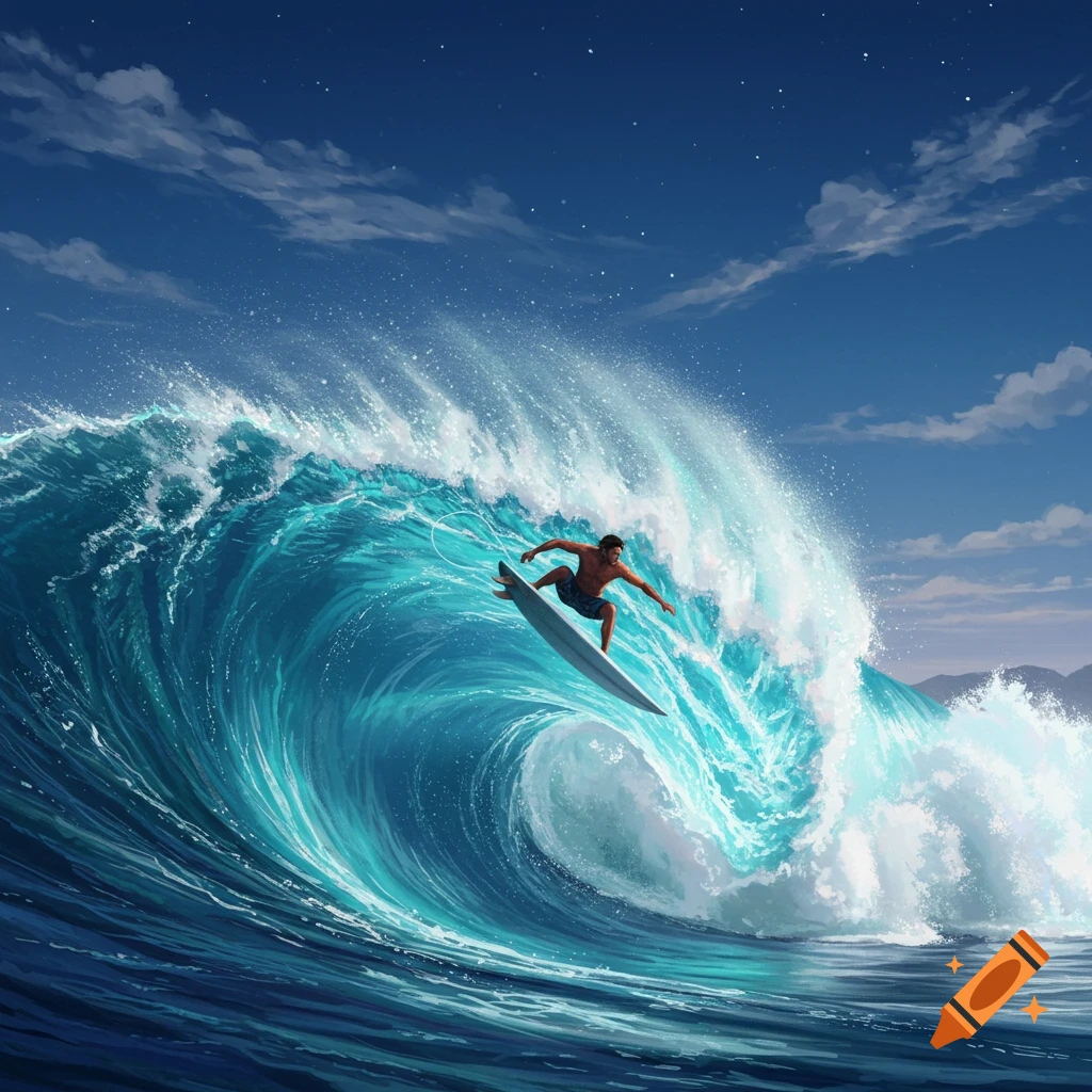 A man surfing a large, powerful turquoise wave under a blue sky with clouds.