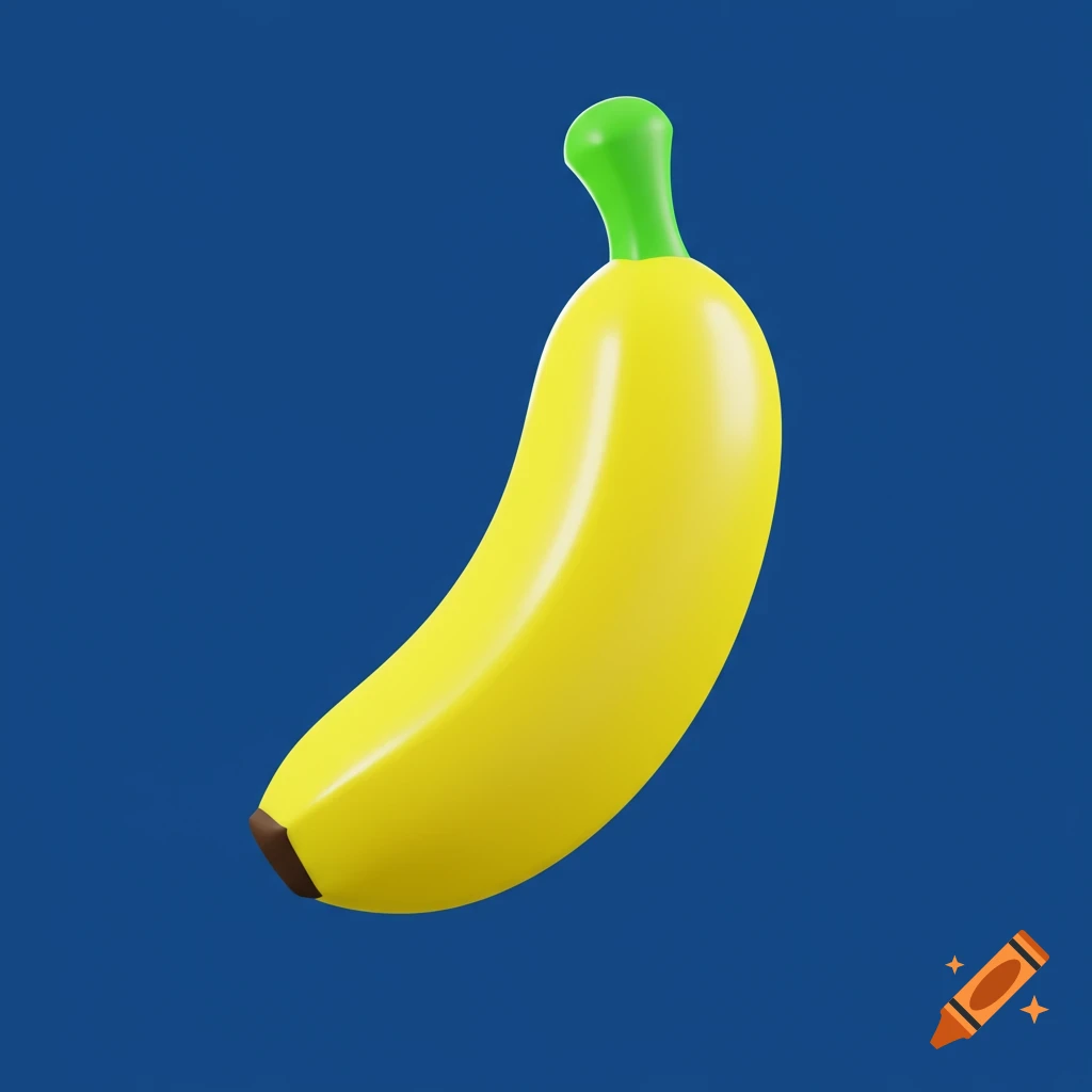 A stylized 3D banana with a green stem and brown tip floats against a solid blue background.