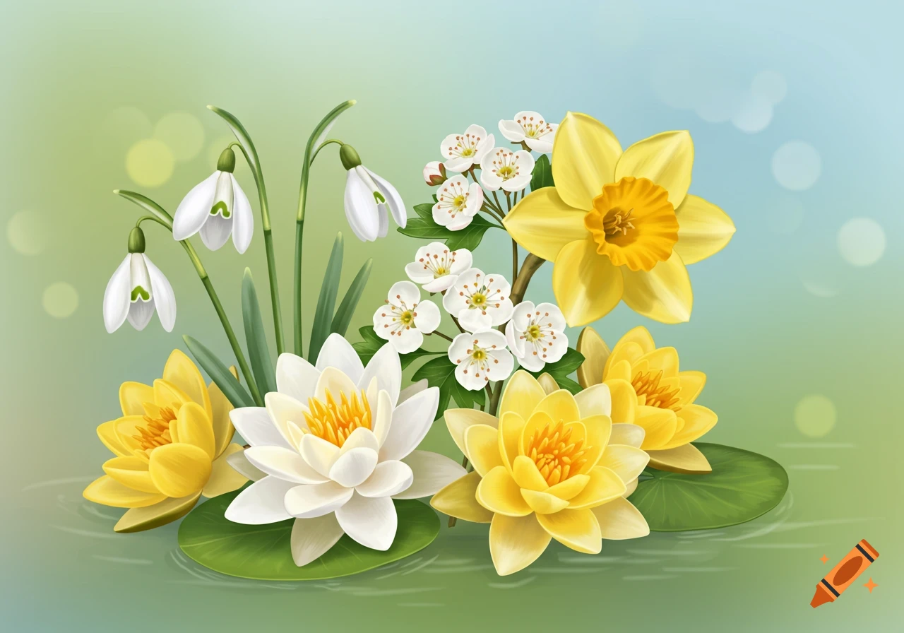 A vibrant illustration of a spring flower bouquet featuring white snowdrops, white hawthorn blossoms, and yellow and white water lilies with a prominent yellow daffodil, against a soft green and blue bokeh background.