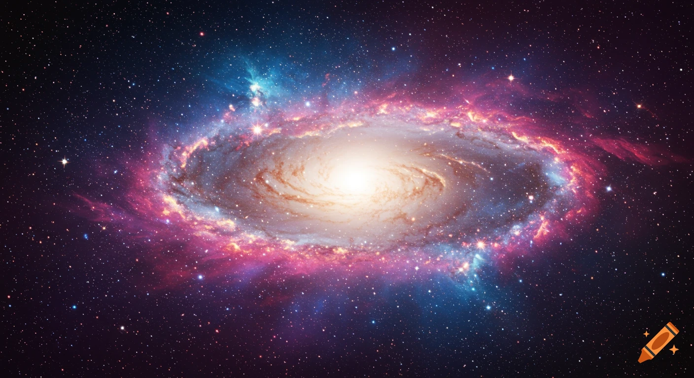 Vibrant spiral galaxy with a bright center, colorful nebulae, and countless stars against a dark cosmic background.