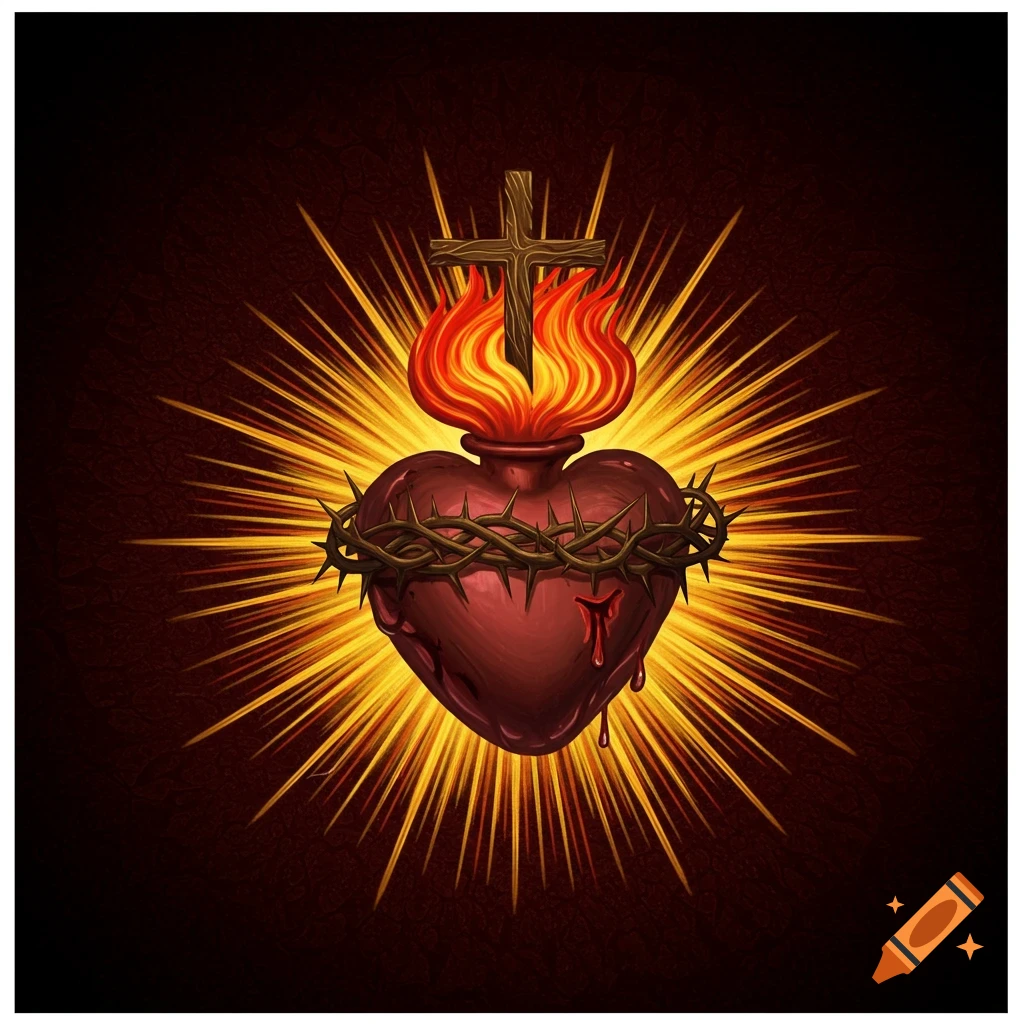 Stylized illustration of the Sacred Heart of Jesus with a cross, flames, crown of thorns, and dripping blood against a radiant background.