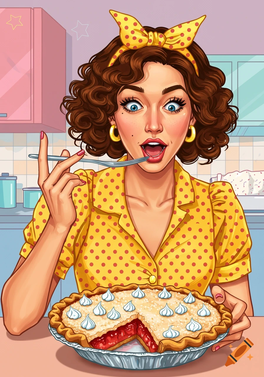 A woman in a yellow polka dot shirt and headscarf holds a fork to her mouth, about to eat a slice of cherry pie in a retro cartoon style.
