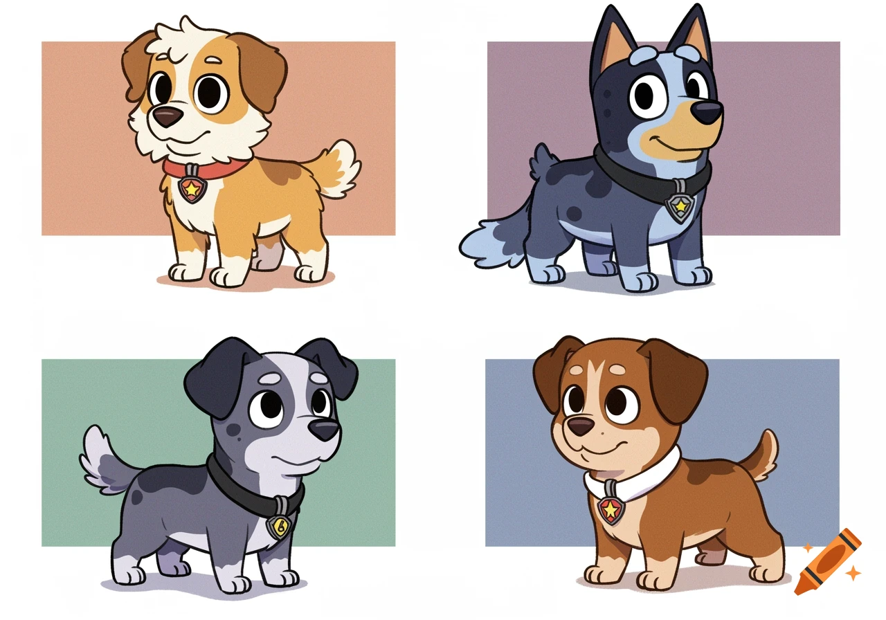 Four cartoon puppies with different fur colors and collars, styled like Bluey or Paw Patrol characters, standing in separate colorful boxes.