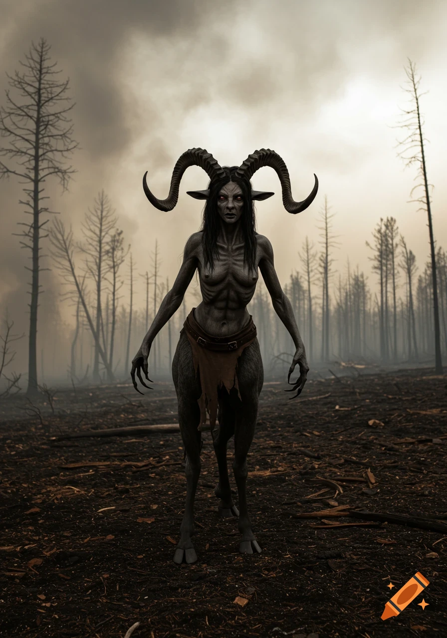 A dark, gaunt female creature with goat legs, horns, and red eyes stands in a scorched forest under a cloudy sky.